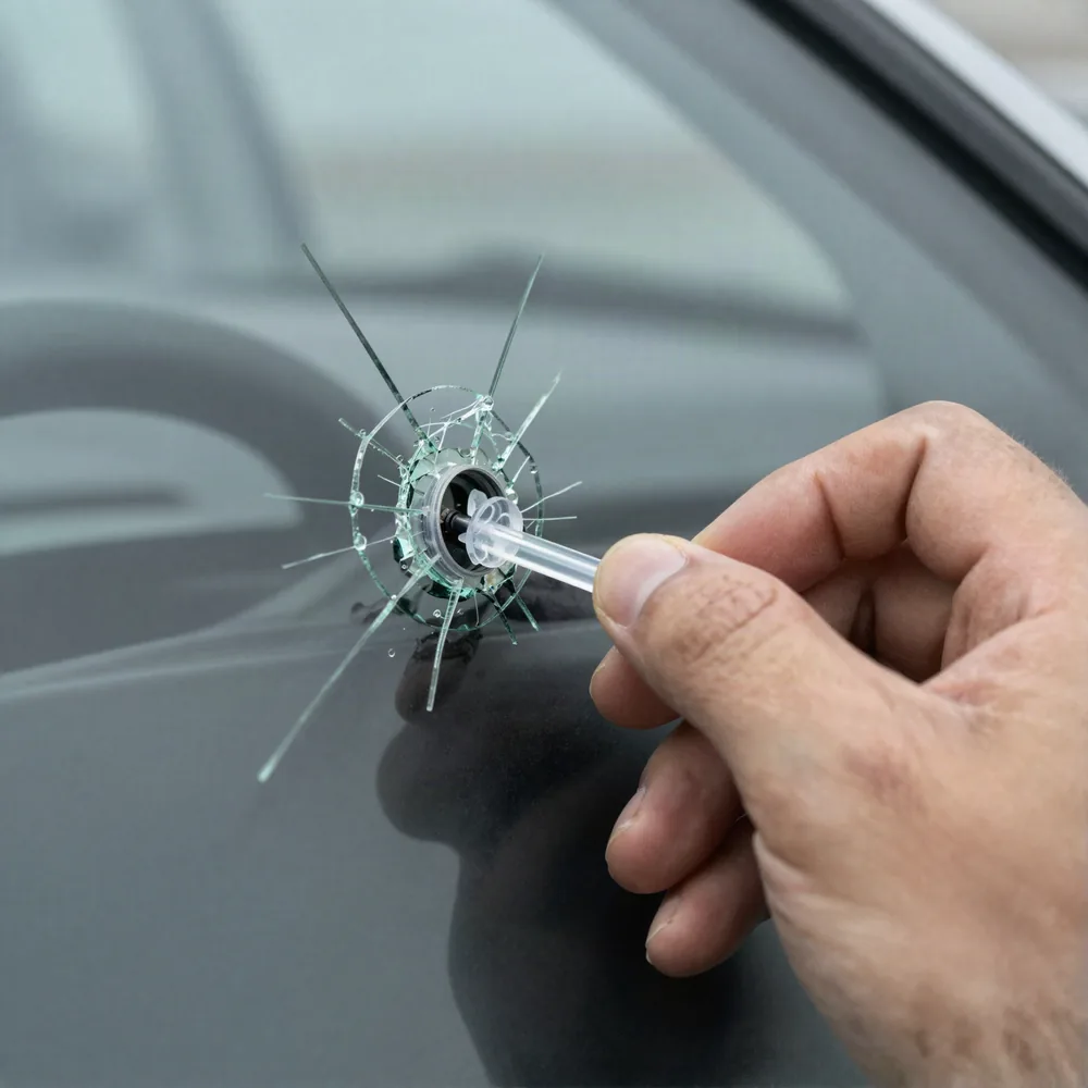 A stone chip with crack legs spreading through a car windshield, a resin injector held over the damage