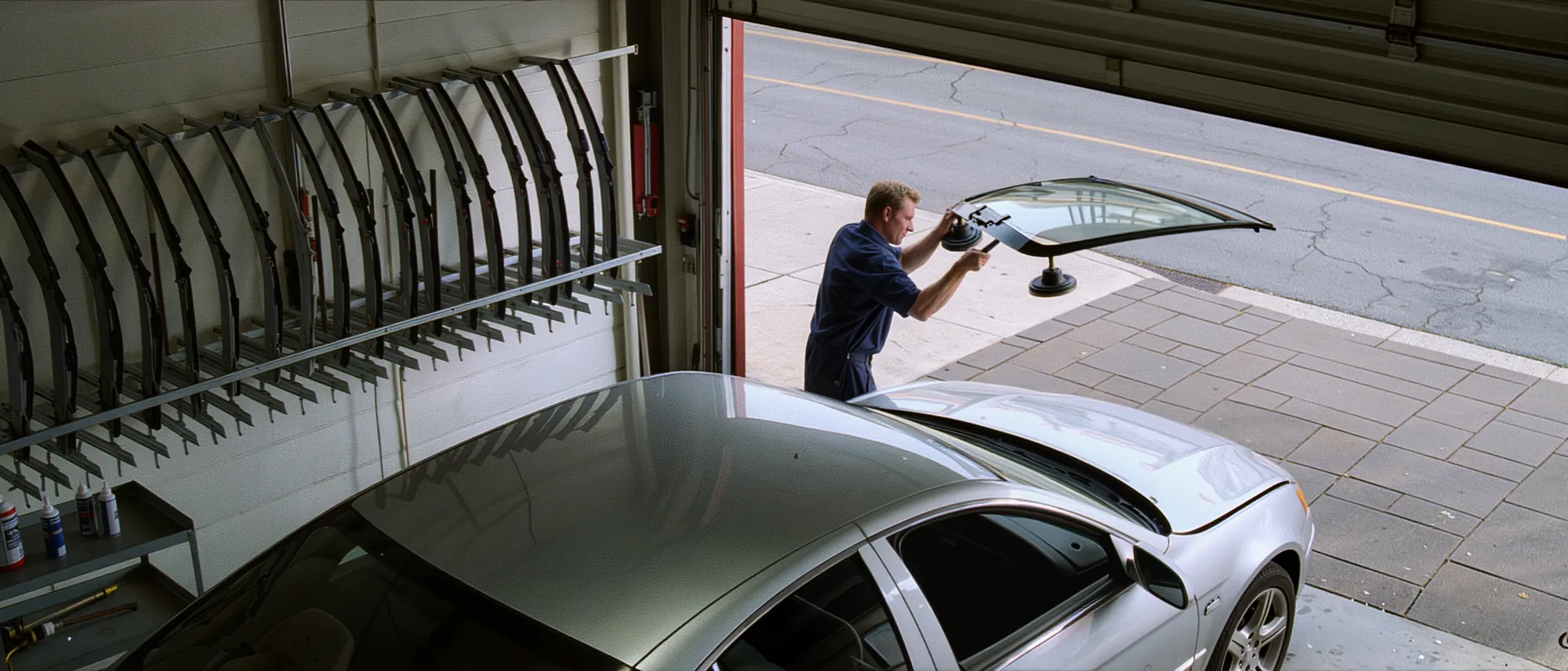 A technician lifting a windshield on suction cup handles at the open bay door of an auto glass shop, with a rack of glass moldings along the wall